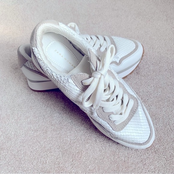 Zara White & Taupe Textured Athletic Running Sneakers - Picture 3 of 16